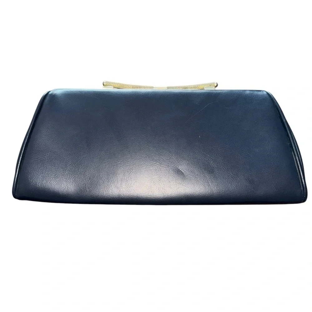 Vintage 50’s-60’s Navy Blue Trapezoid Dorris Day Clutch With Gold Hardware